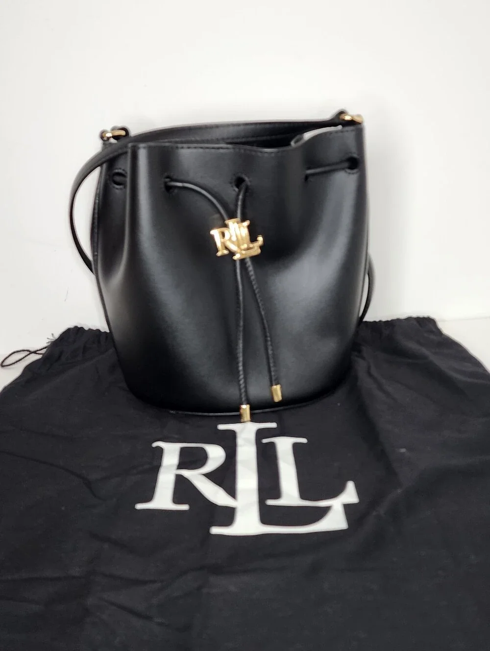 Ralph Lauren Black Leather Drawstring Crossbody Bucket Bag